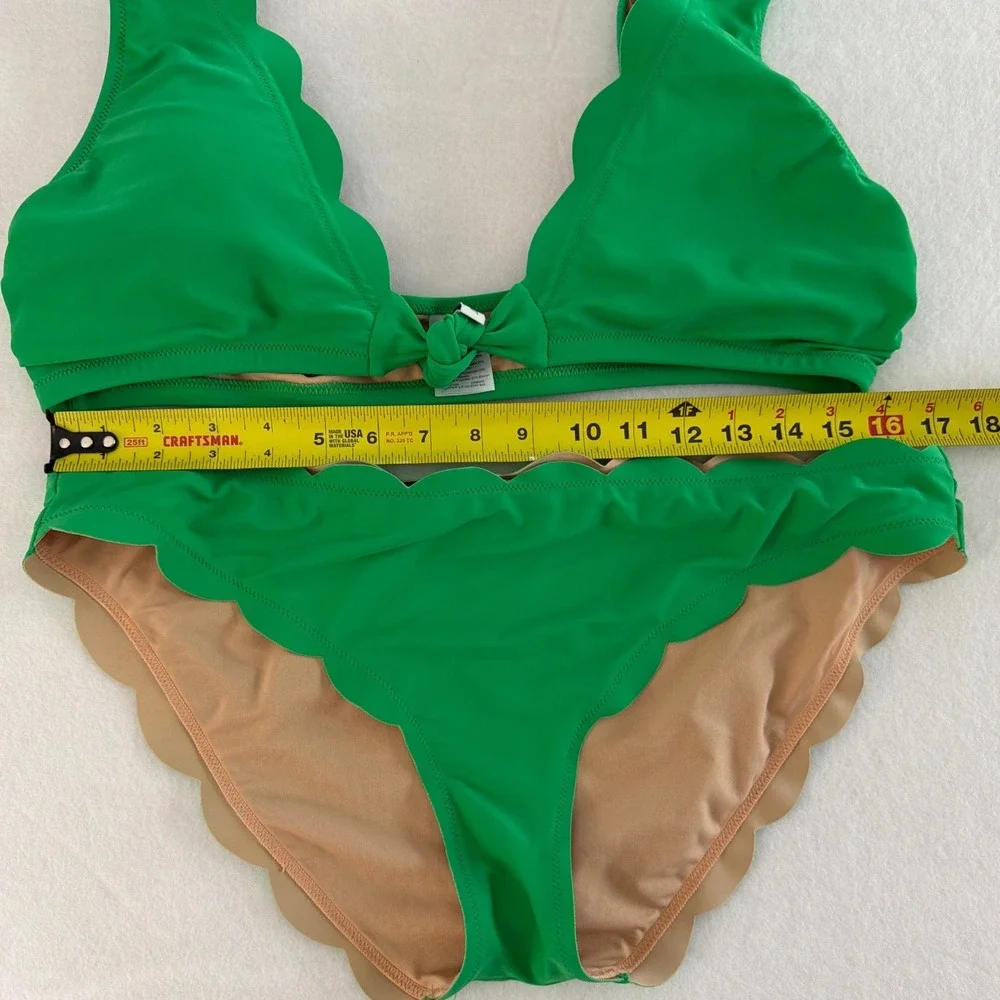 J.Crew Green Scalloped Front Tie Bikini Set Two Piece Swimsuit Large